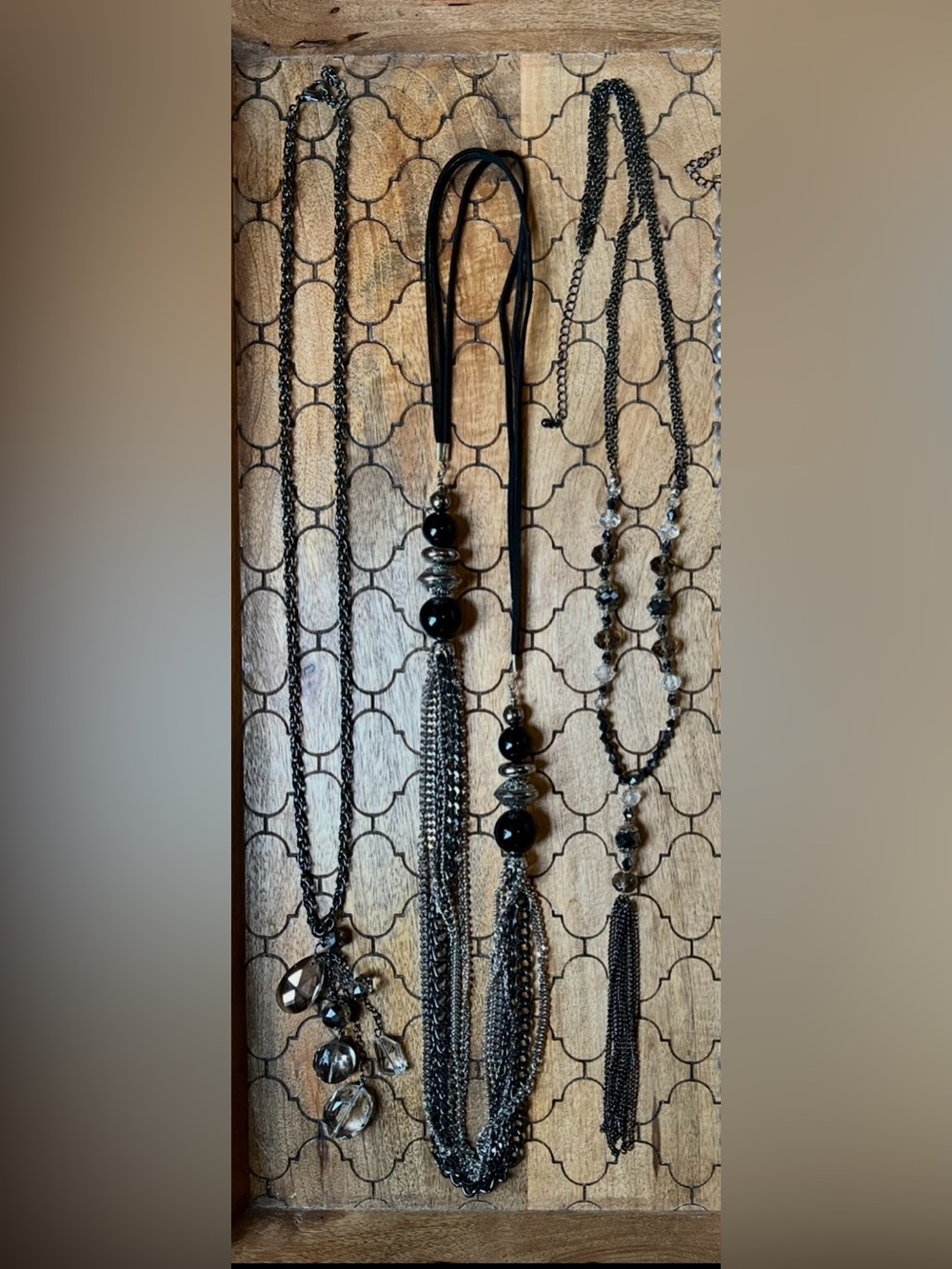 Black, Gunmetal, Bronze Multi-Chain Beaded Tassel Necklace Set of 3